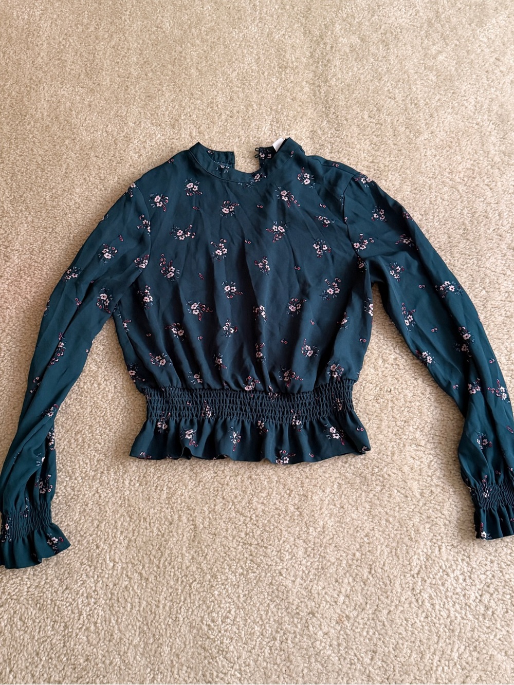 Dark Teal Floral Smocked Waist Long-Sleeve Top